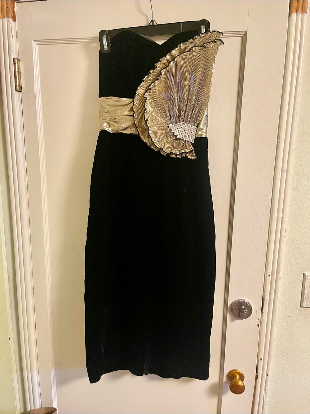 Vintage Black and Gold Strapless Evening Dress with Decorative Fan Detail